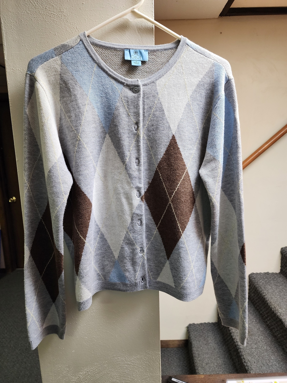 CeCe (Vince Camuto) Argyle Button-Front Cardigan in Light Blue, Gray & Brown